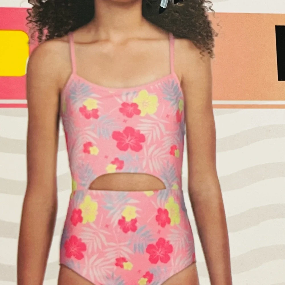 NWT Hurley Kids Pink Floral One Piece Swimsuit Size 5/6 Bright Vibrant Floral